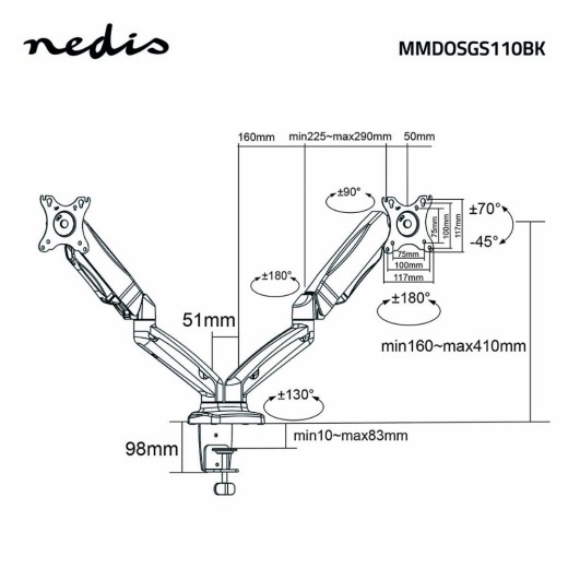 Nedis Desk Monitor Mount Gas Spring for 2 Screens 15 - 32