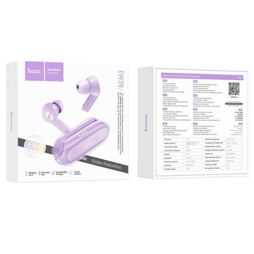 HOCO EW39 BRIGHT ΑΚΟΥΣΤΙΚΑ BLUETOOTH, ΜΩΒ, ENC HOCO EW39 BRIGHT ΑΚΟΥΣΤΙΚΑ BLUETOOTH, ΜΩΒ, ENC