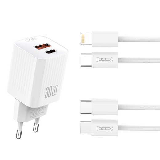 XO L149 ΦΟΡΤΙΣΤΗΣ PD30W 1 ΘΥΡΑ USB-A, 1 ΘΥΡΑ TYPE-C ΜΕ ΚΑΛΩΔΙΟ LIGHTNING, ΛΕΥΚΟΣ